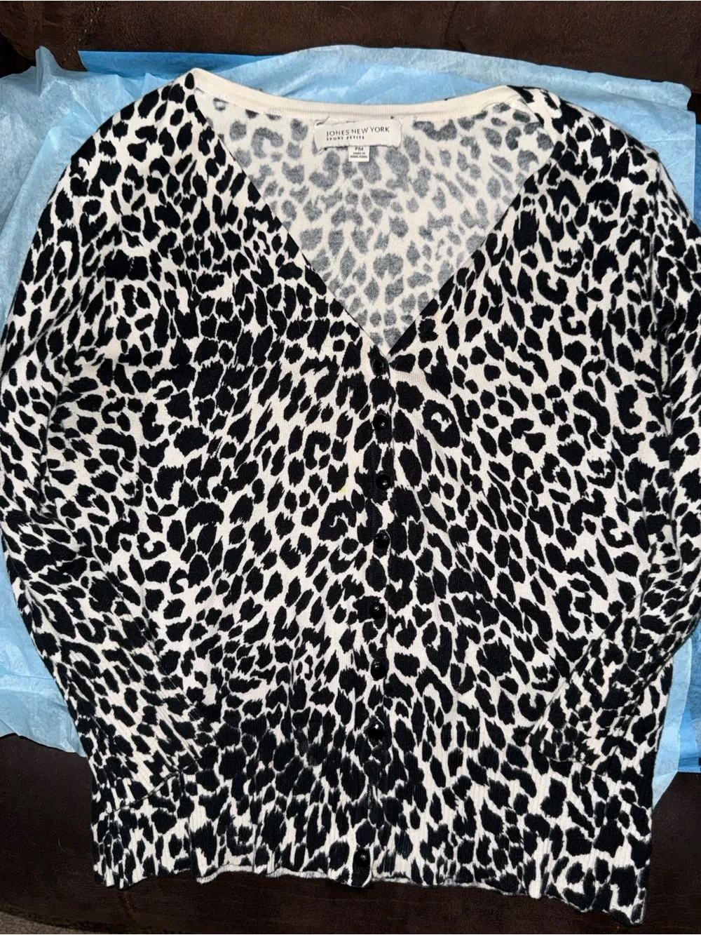 Leopard Print V-Neck Cardigan - Black & White - Picture 3 of 5